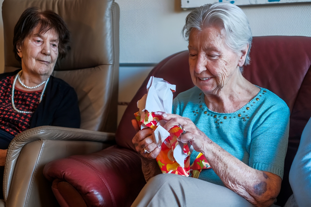 Two elderly women sitting in armchairs, one opening a wrapped gift with a happy expression.
